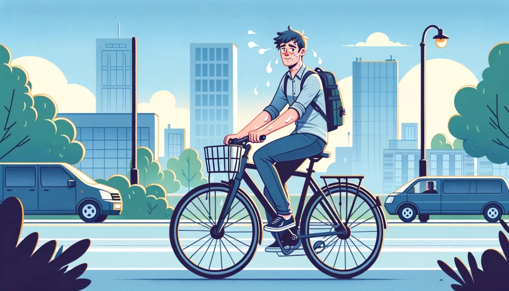 a cartoon image of a sweaty commuter cyclist